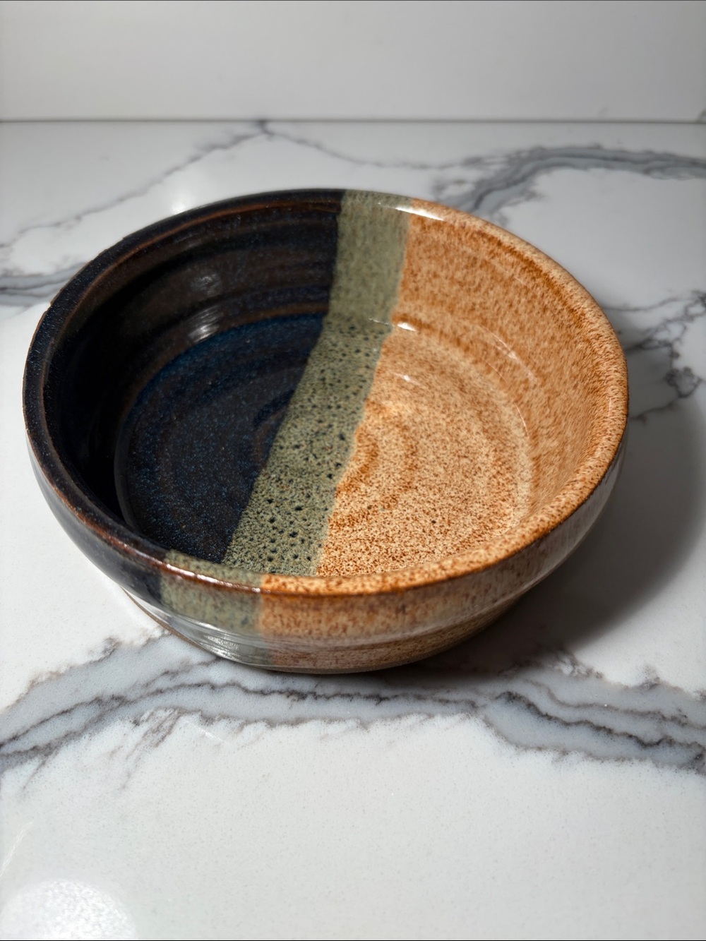 New Handmade Tri-Glaze Pottery Bowl - Blue, Olive, Brownish